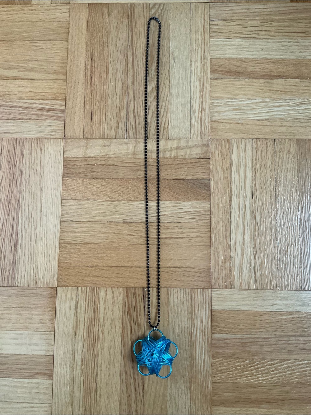 Blue Floral Wire Pendant Necklace on Black Ball Chain